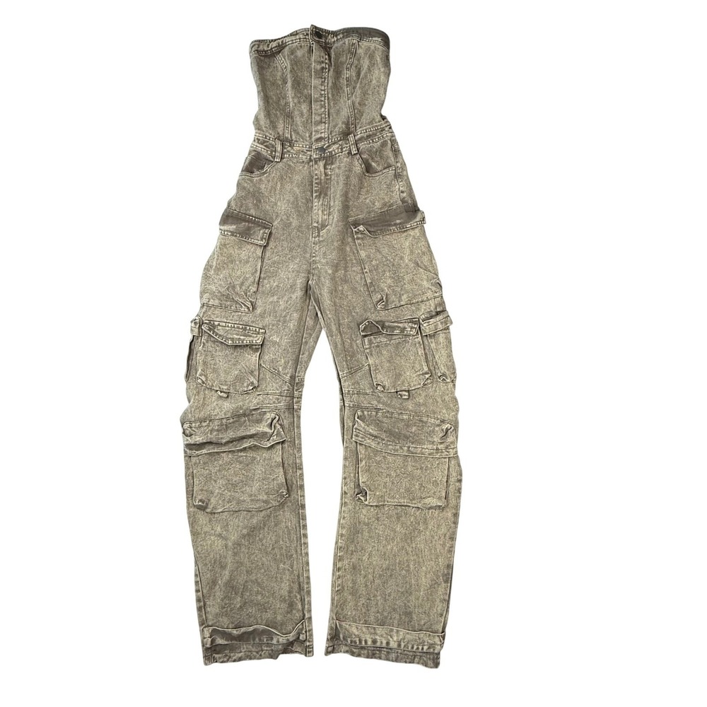 N.ILA Women Strapless Denim Cargo Jumpsuit Acid Wash‎ Wide Leg Small Streetwear